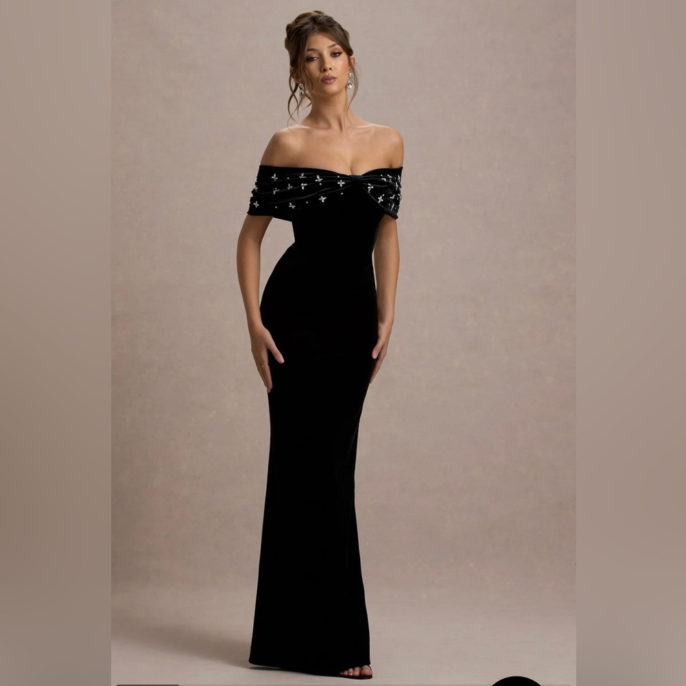 Club L London Black Off-Shoulder Maxi Dress with Embellished Foldover